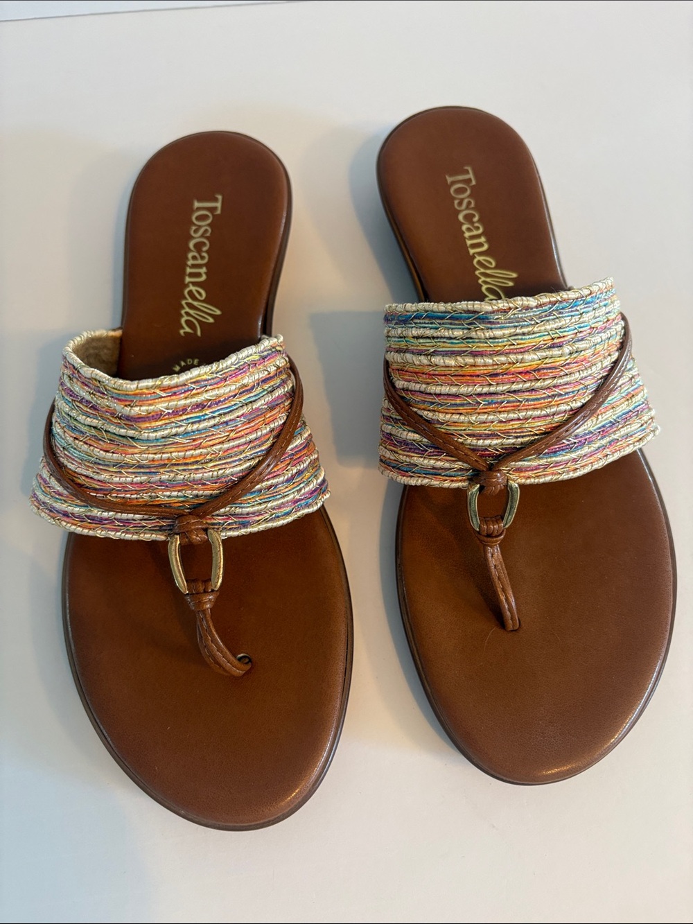 Toscanella Multicolor Braided-Strap Brown Leather Slide Sandals